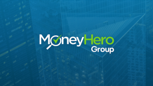 Logo of fintech firm MoneyHero Group with buildings in the background as the personal finance company swings to profit