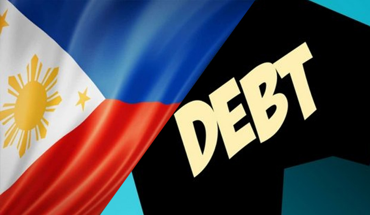 Image of the PH flag and the word DEBT used to illustrate the effects of Philippine national debt hitting a record ₱17.27 trillion