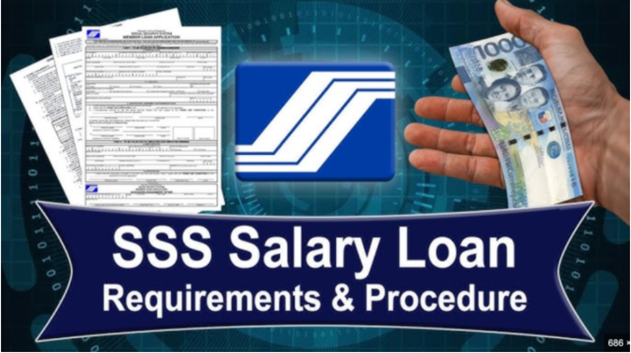 Poster showing a hand holding P1,000 Peso bills and the words SSS salary loan Requirements and Procedure with low interest rate