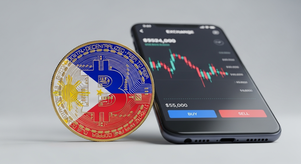 Bitcoin and a mobile phone being used for crypto trading to show the BSP's top Cryptocurrency Exchanges in the Philippines