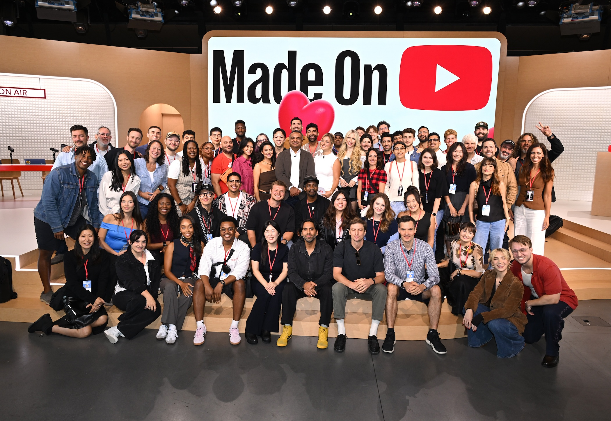 YouTube executives pose for a group shot with artists and content creators as the company redefines the future of entertainment once again at its Made on YouTube  event