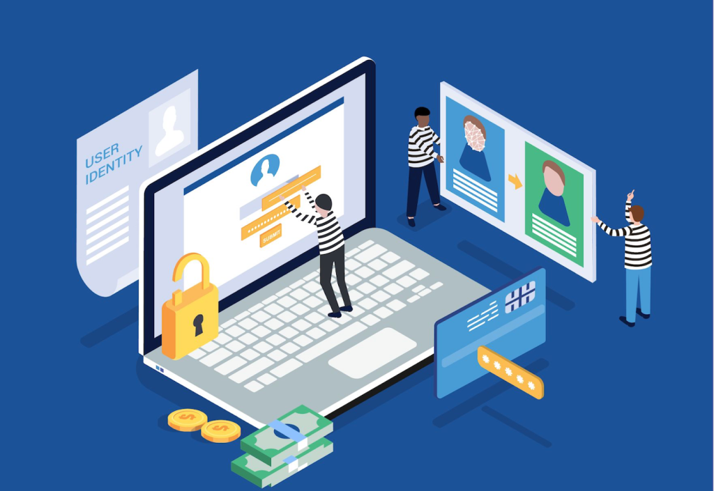 Caricature showing a laptop with miniature figures of cybercriminals trying to commit digital fraud into an iProov-protected system