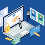 Caricature showing a laptop with miniature figures of cybercriminals trying to commit digital fraud into an iProov-protected system