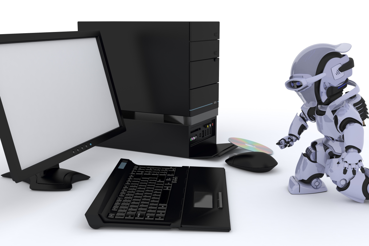 A miniature robot working wonders outside a desktop is used to illustrate the advantages of AI PCs