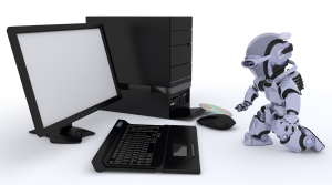 A miniature robot working wonders outside a desktop is used to illustrate the advantages of AI PCs