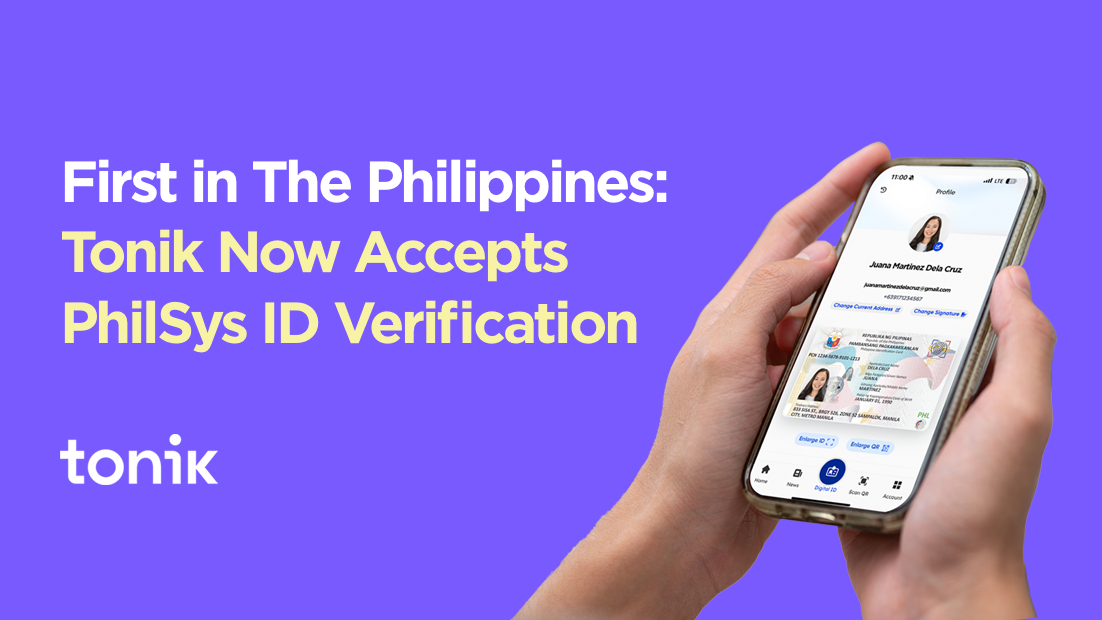 Image of a handheld mobile phone with Tonic Digital Bank app to show how the digital bank is leading financial inclusion with National ID account opening in PH