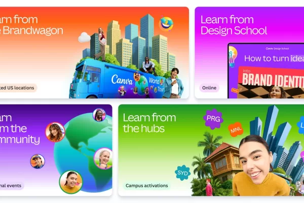 Poster showing colorful art works made using Canva as the company launches global world tour to empower over 1 million creators, businesses, and educators