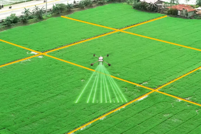Aerial view of green agricultural fields divided by yellow boundary lines, with drones spraying crops using precision agriculture technology. The drones emit green laser-like beams while flying over lush farmland near a rural road and houses.