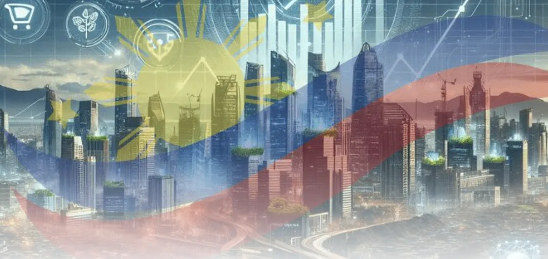 Image of an area with tall buildings covered by a Philippine flag watermark to show why BSP is cutting key rates as inflation eases while external pressures persist