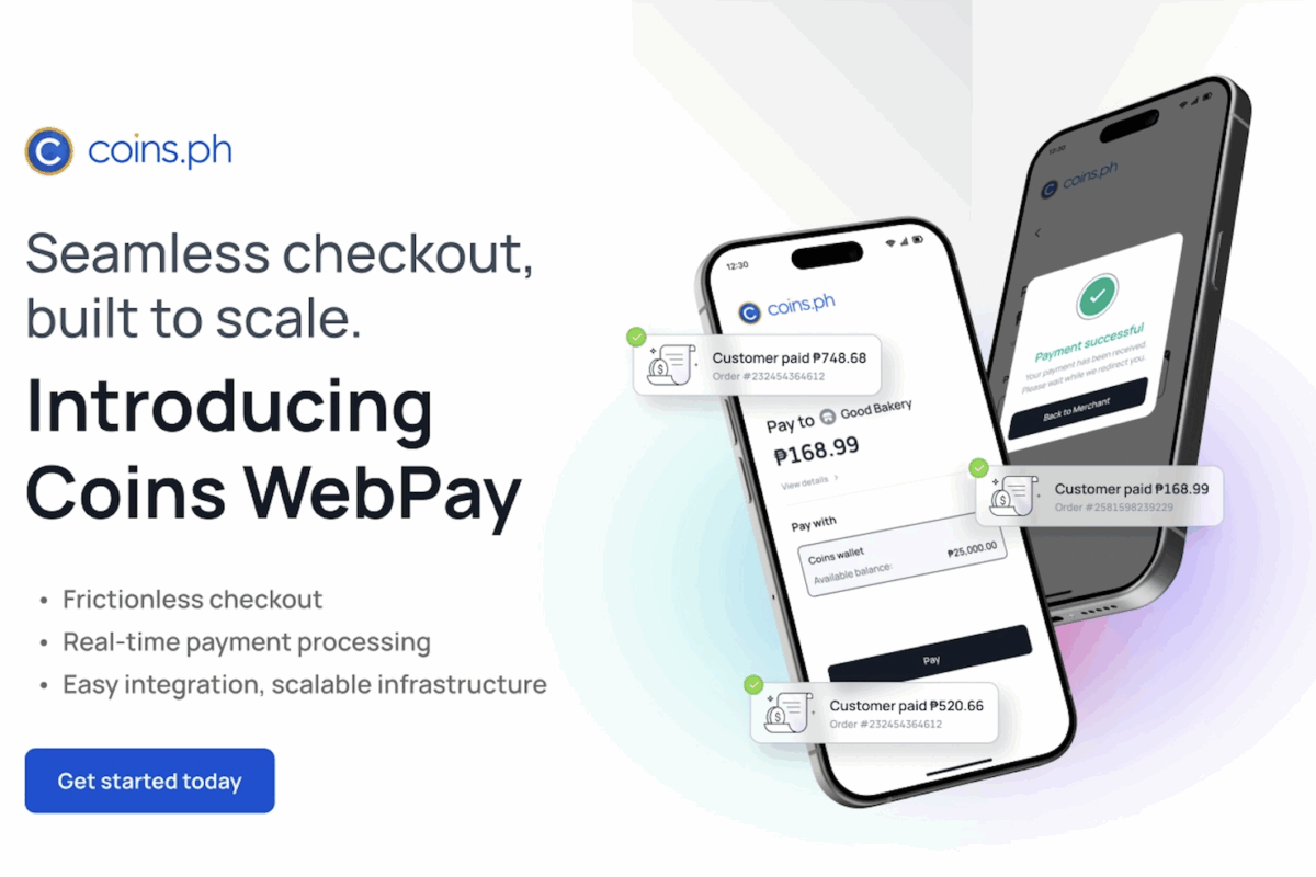 Poster for‘Webpay’ featuring two mobile phones with the Coins.ph app to illustrate how the company aims to arm Filipino businesses for the holiday e-commerce rush