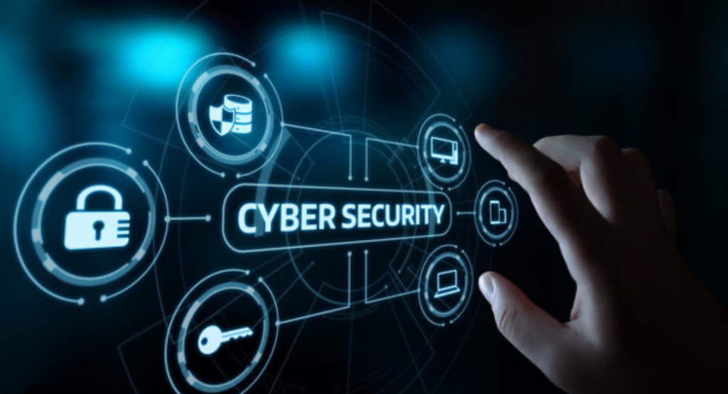 A man touches a screen with the words cyber security as the country celebrates Cybersecurity Awareness Month