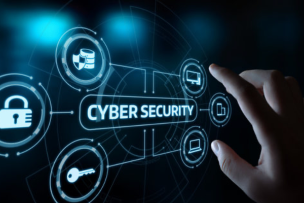 A man touches a screen with the words cyber security as the country celebrates Cybersecurity Awareness Month