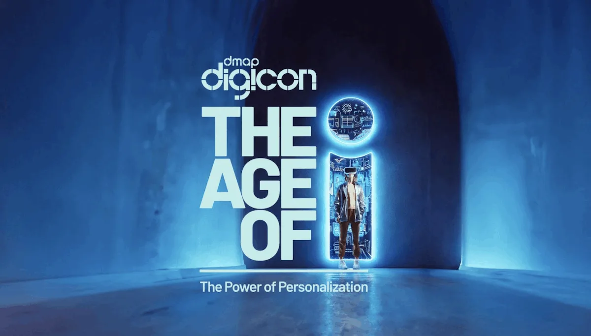 Poster with blue background showing the words "The Age of" plus a man inside an "I" icon to promote DMAP's Digicon conference 2025