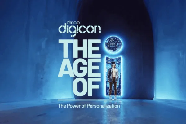 Poster with blue background showing the words "The Age of" plus a man inside an "I" icon to promote DMAP's Digicon conference 2025