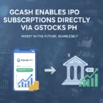 Image showing a phone with GCash app and an icon of a bank to show how the fintech company is enabling direct IPO subscriptions thru GStocks