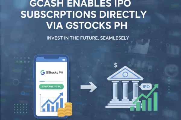 Image showing a phone with GCash app and an icon of a bank to show how the fintech company is enabling direct IPO subscriptions thru GStocks