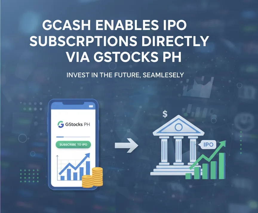 Image showing a phone with GCash app and an icon of a bank to show how the fintech company is enabling direct IPO subscriptions thru GStocks