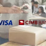 Logos of CIMB Bank and Visa on top of a photo of a man holding a mobile phone over a gift box