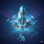 A vibrant digital illustration showcasing a futuristic, glowing building at the center, representing the Bangko Sentral ng Pilipinas (BSP)