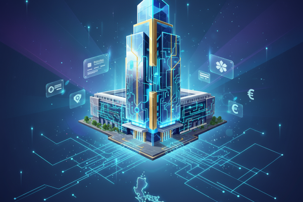 A vibrant digital illustration showcasing a futuristic, glowing building at the center, representing the Bangko Sentral ng Pilipinas (BSP)
