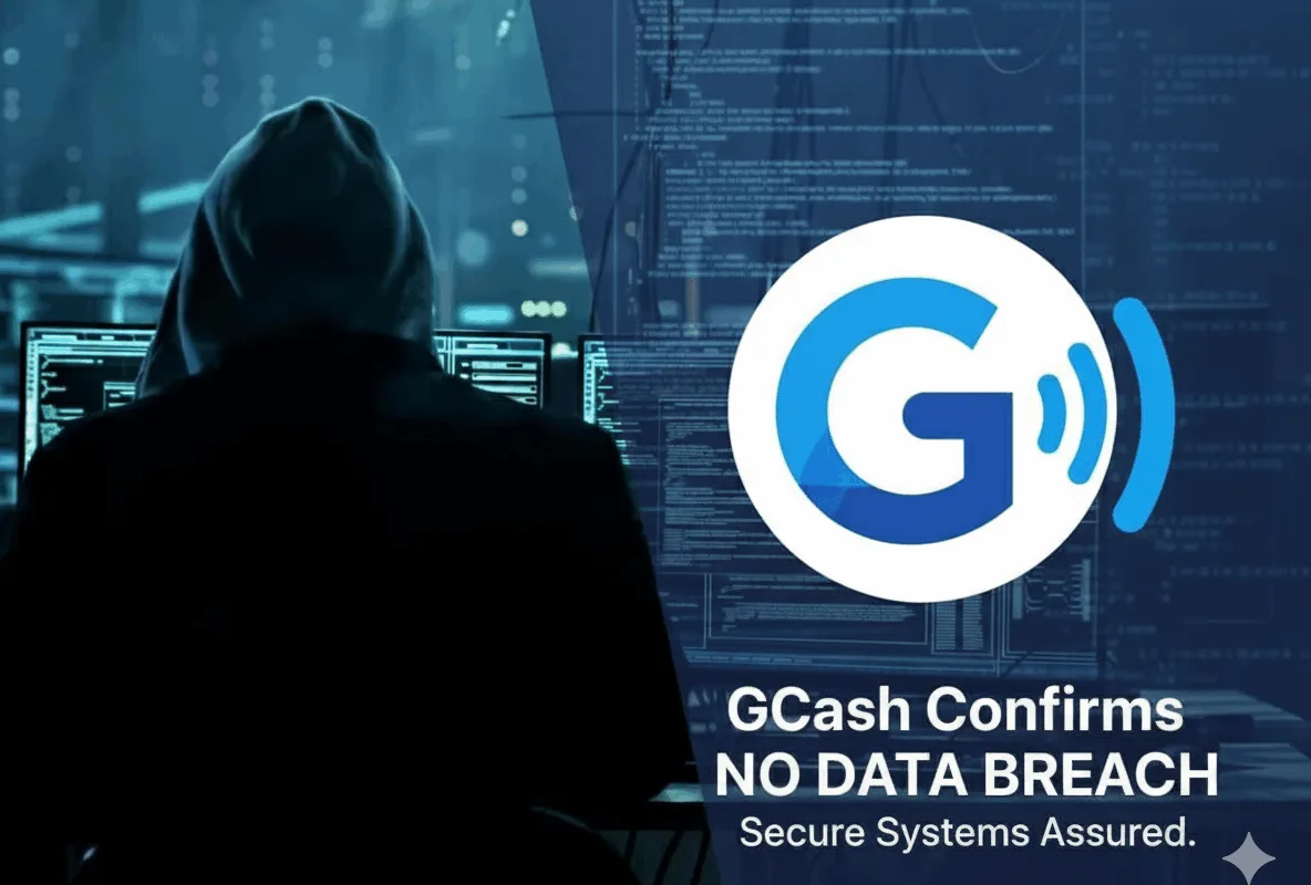 A man with a hood and the double unicorn's logo with the words "GCash confirms no data breach"