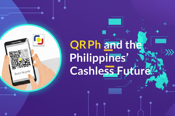 Image of a handheld mobile phone and the Philippine map to illustrate how QR Ph can lead SMEs in the Philippines to a truly cashless future