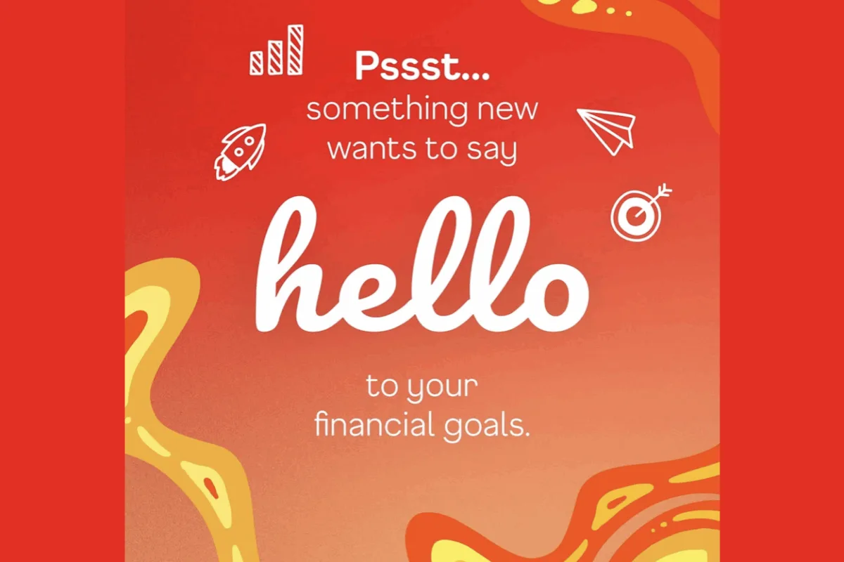 Poster promoting AUB’s HelloMoney with the words "Psst" and "Hello" neatly laid out in a red background