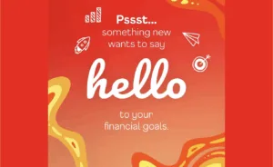 Poster promoting AUB’s HelloMoney with the words "Psst" and "Hello" neatly laid out in a red background