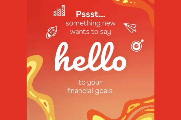 Poster promoting AUB’s HelloMoney with the words "Psst" and "Hello" neatly laid out in a red background