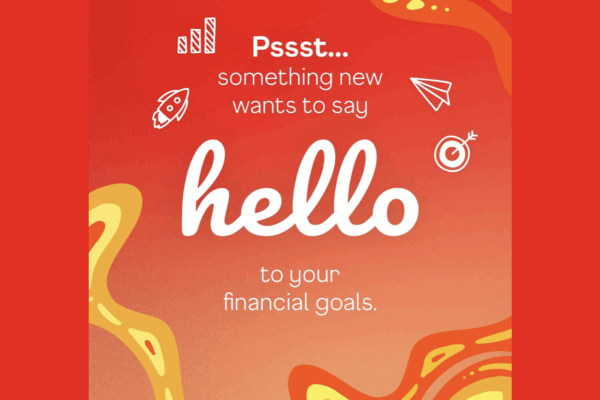 Poster promoting AUB’s HelloMoney with the words "Psst" and "Hello" neatly laid out in a red background