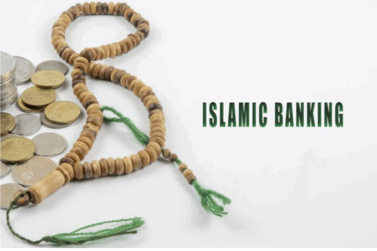 A rosary, some coins and the words "Islamic Banking"
