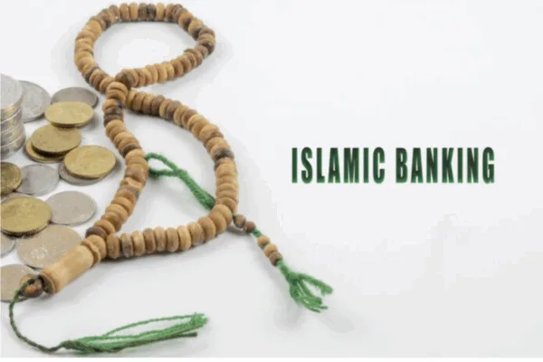 A rosary, some coins and the words "Islamic Banking"