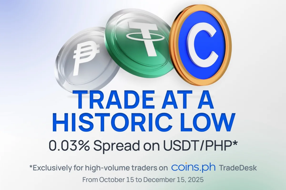 Poster announcing Coins.ph slashing USDT/PHP spread to historic low, empowering high-volume crypto traders