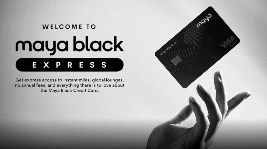 Black & white image of a hand and a Maya Black Express card with some text about the new credit card