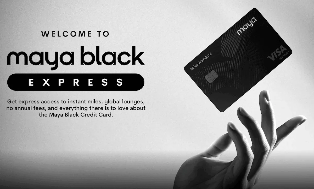 Black & white image of a hand and a Maya Black Express card with some text about the new credit card