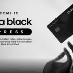 Black & white image of a hand and a Maya Black Express card with some text about the new credit card