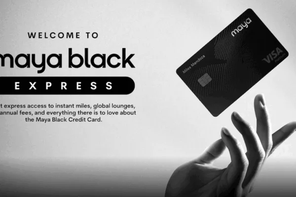 Black & white image of a hand and a Maya Black Express card with some text about the new credit card