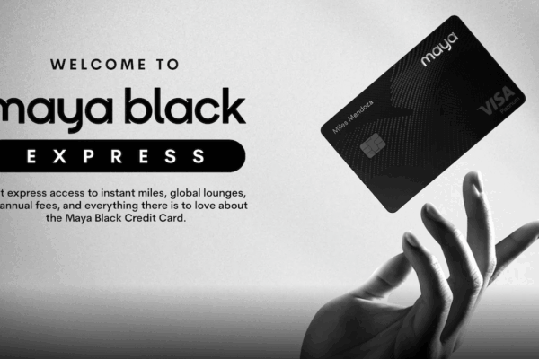 Black & white image of a hand and a Maya Black Express card with some text about the new credit card