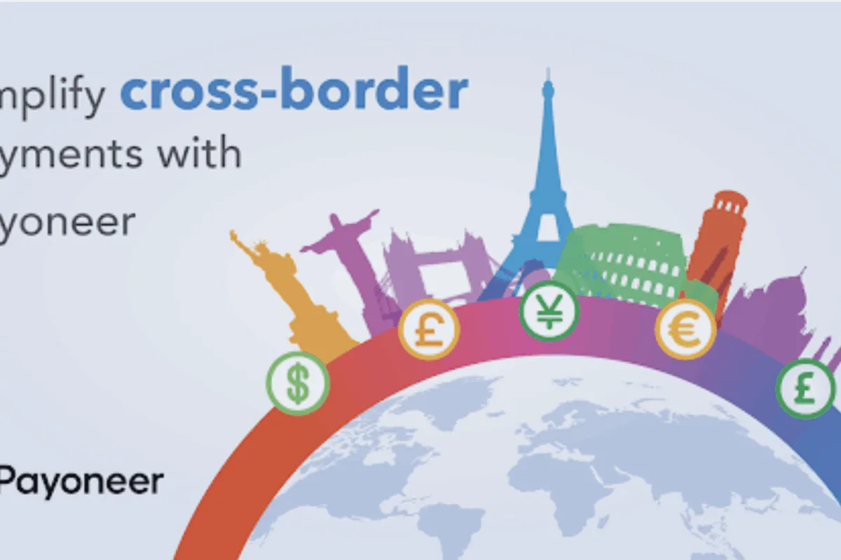 Image showing the words "cross-border" and a red arc with different monetary values to show how rising global remittance fees are threatening SME growth, and Payoneer offering a lifeline