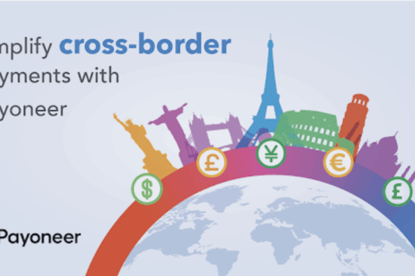Image showing the words "cross-border" and a red arc with different monetary values to show how rising global remittance fees are threatening SME growth, and Payoneer offering a lifeline