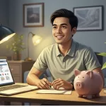 A man sitting on his desk with a coin bank as he teaches how to save ₱15,000 in one month: Smart budgeting tips to save money in PH