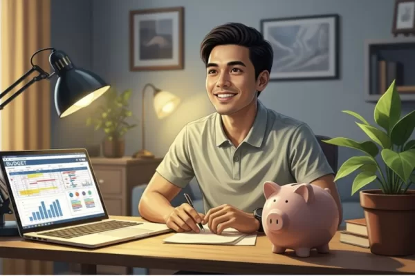 A man sitting on his desk with a coin bank as he teaches how to save ₱15,000 in one month: Smart budgeting tips to save money in PH