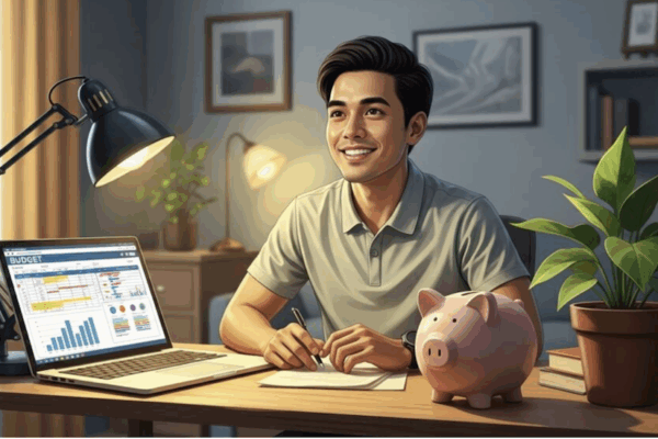A man sitting on his desk with a coin bank as he teaches how to save ₱15,000 in one month: Smart budgeting tips to save money in PH