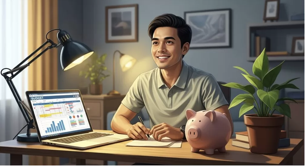 A man sitting on his desk with a coin bank as he teaches how to save ₱15,000 in one month: Smart budgeting tips to save money in PH