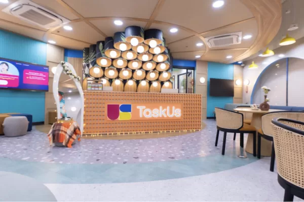 The reception area inside the newly-opened TaskUs Hiraya office in Las Pinas