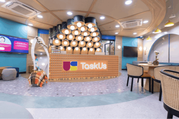 The reception area inside the newly-opened TaskUs Hiraya office in Las Pinas