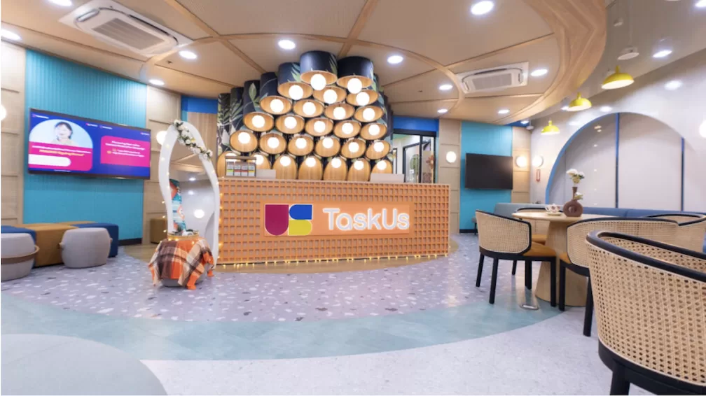 The reception area inside the newly-opened TaskUs Hiraya office in Las Pinas