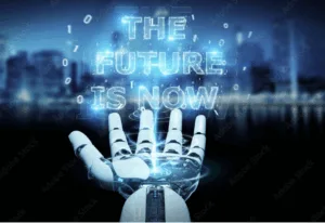 Image of a robot's hands and the words "The Future is Now" as PCCI's top executive talks about how technology is transforming the future of commerce in the Philippines