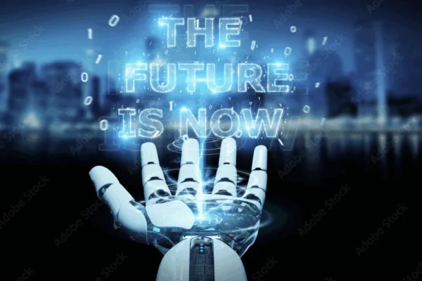 Image of a robot's hands and the words "The Future is Now" as PCCI's top executive talks about how technology is transforming the future of commerce in the Philippines