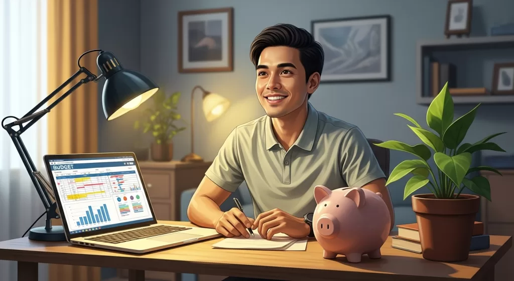 A friendly, modern Filipino young professional sitting at a simple desk in a modest but cozy apartment, with a laptop open to a budget spreadsheet, an analog piggy bank and a small plant beside it; warm lighting, soft color palette, digital art style, realistic but slightly stylized — showing hope, discipline, and financial empowerment.
